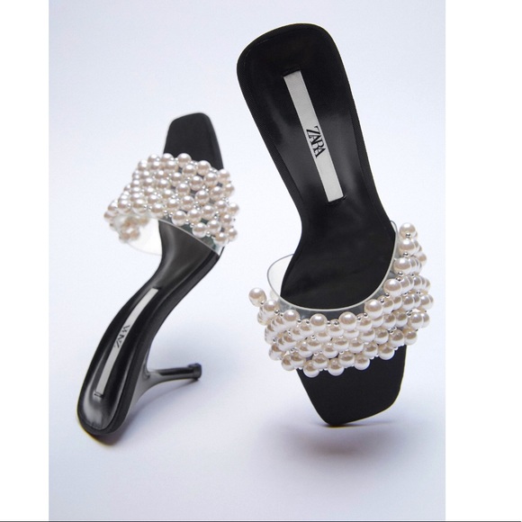 Zara Shoes - Zara Pearl Detail Square Toe Heel Sandals Size 9/40